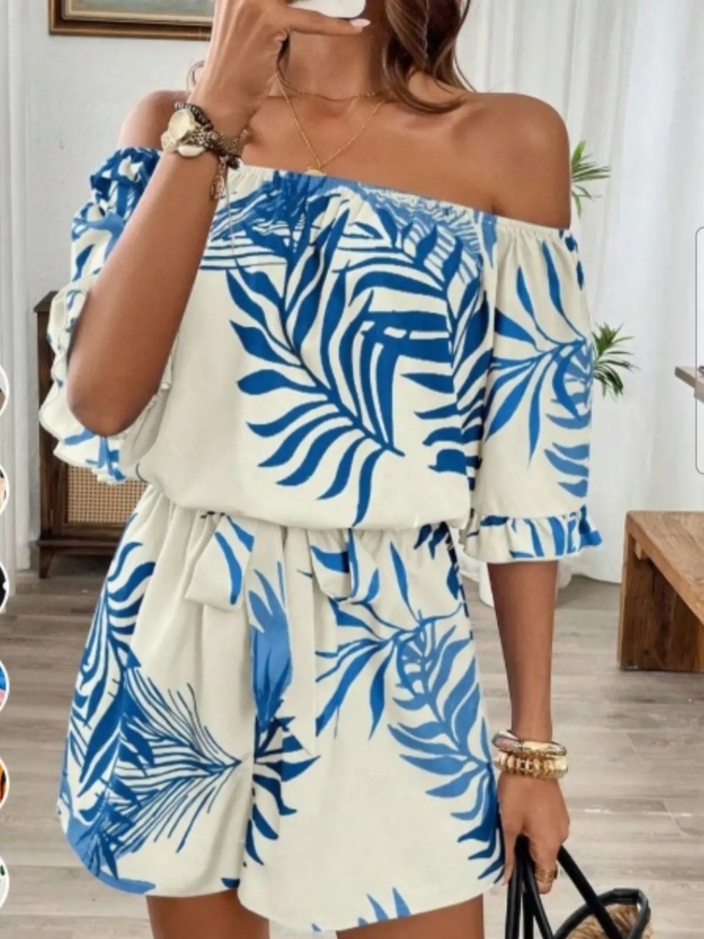 Off-Shoulder Blue Palm Print Jumpsuit